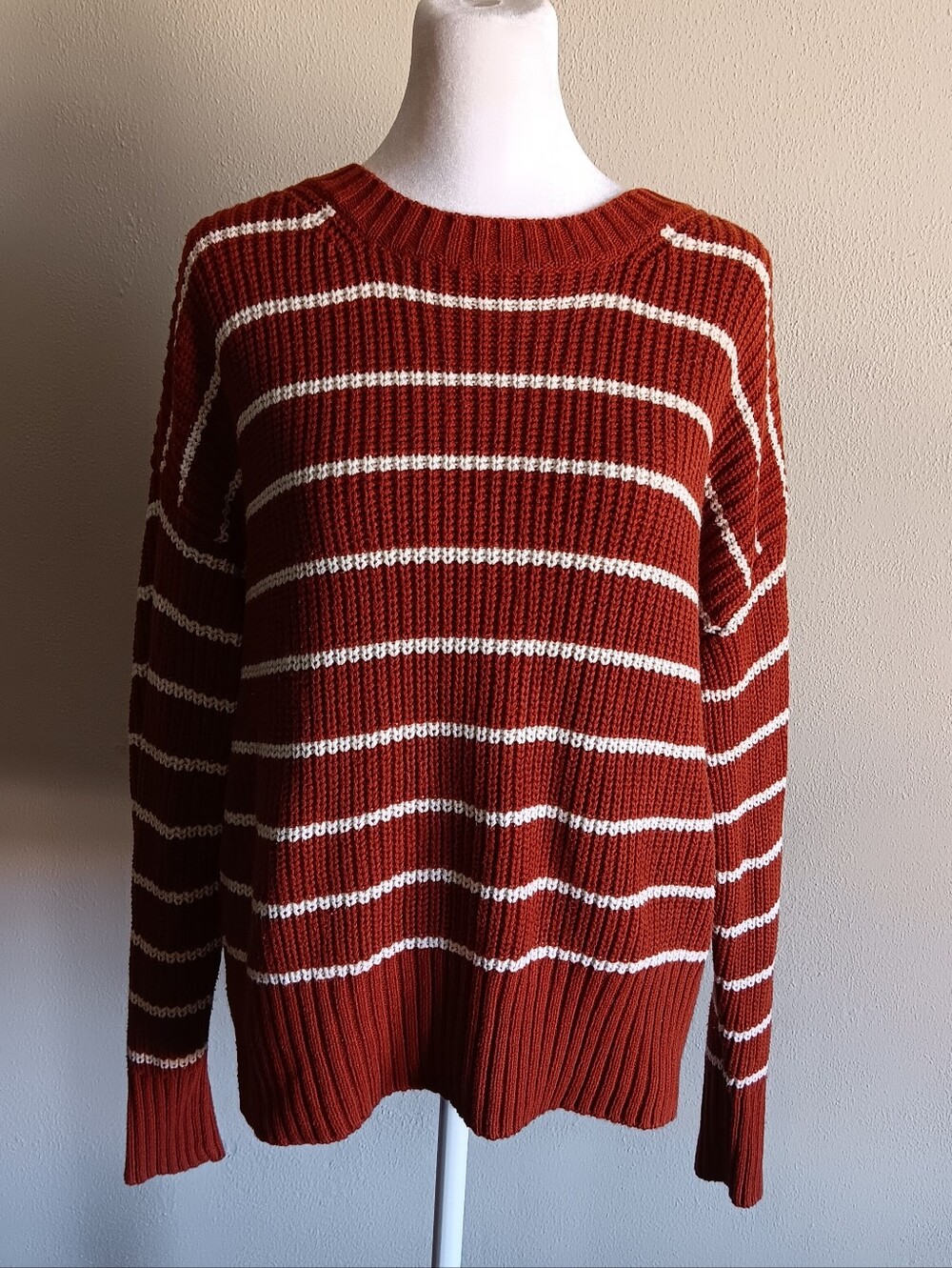 A.n.a Brown & Ivory Striped Knit Sweater, Size Large, Knit Fall Casual Pullover